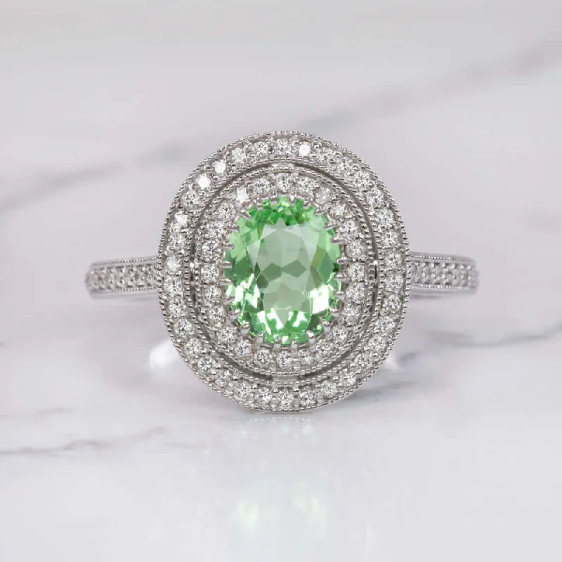 statement fashion engagement ring for women-1.21ct GREEN PARAIBA TOURMALINE DIAMOND RING VINTAGE STYLE HALO WHITE GOLD 1.5