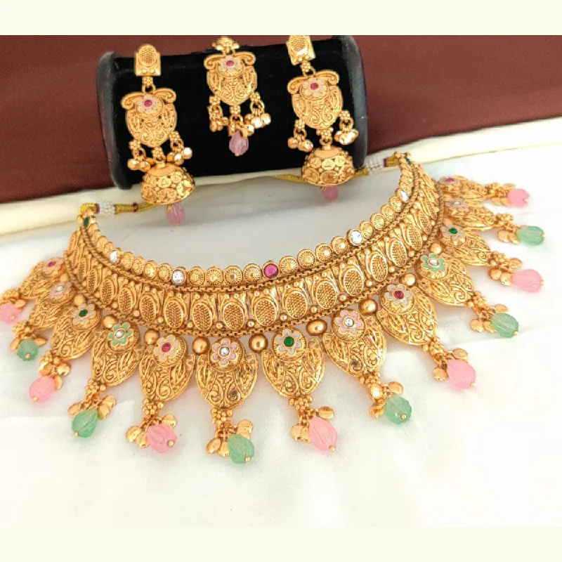 floral pattern ladies necklace-Manisha Jewellery Gold Plated Pota Stone Choker Necklace Set