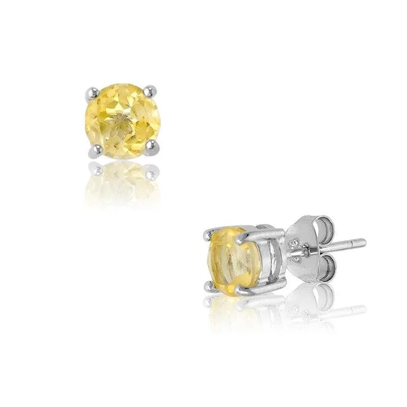 oval-shaped ladies earrings-Sterling Silver Round Citrine Gem Studs Earrings