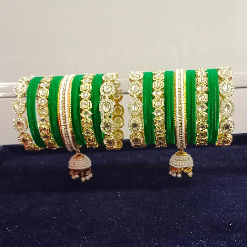 two-tone ladies bracelet-Pooja Bangles Gold Plated Kundan Stone And Pearls Velvet Bangles Set