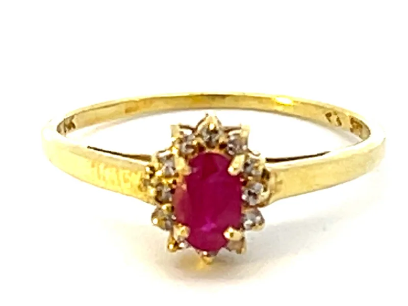 tapered baguette ladies ring-Red Ruby and Diamond Halo Ring in 14k Yellow Gold