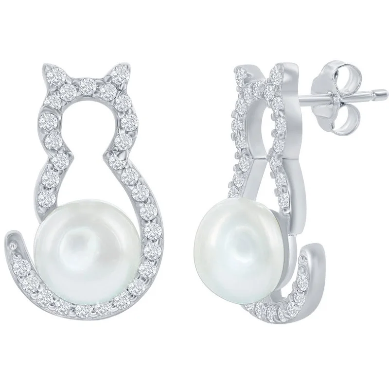 stud ladies earrings-Classic Women's Earrings - Sterling Silver CZ Cat with Round White Pearl | D-7973