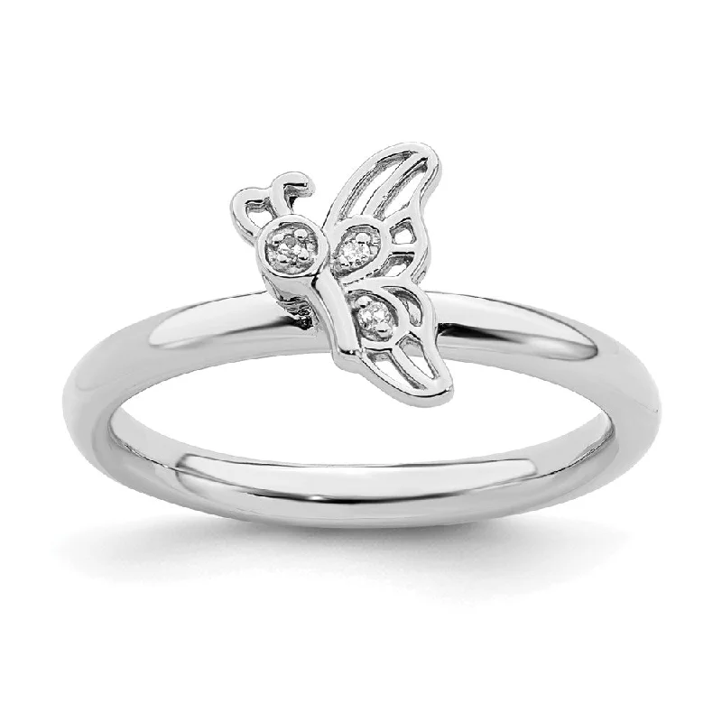 antique-inspired engagement ring for women-Sterling Silver Stackable Expressions Rhodium Butterfly w/Diamond Ring | QSK1627