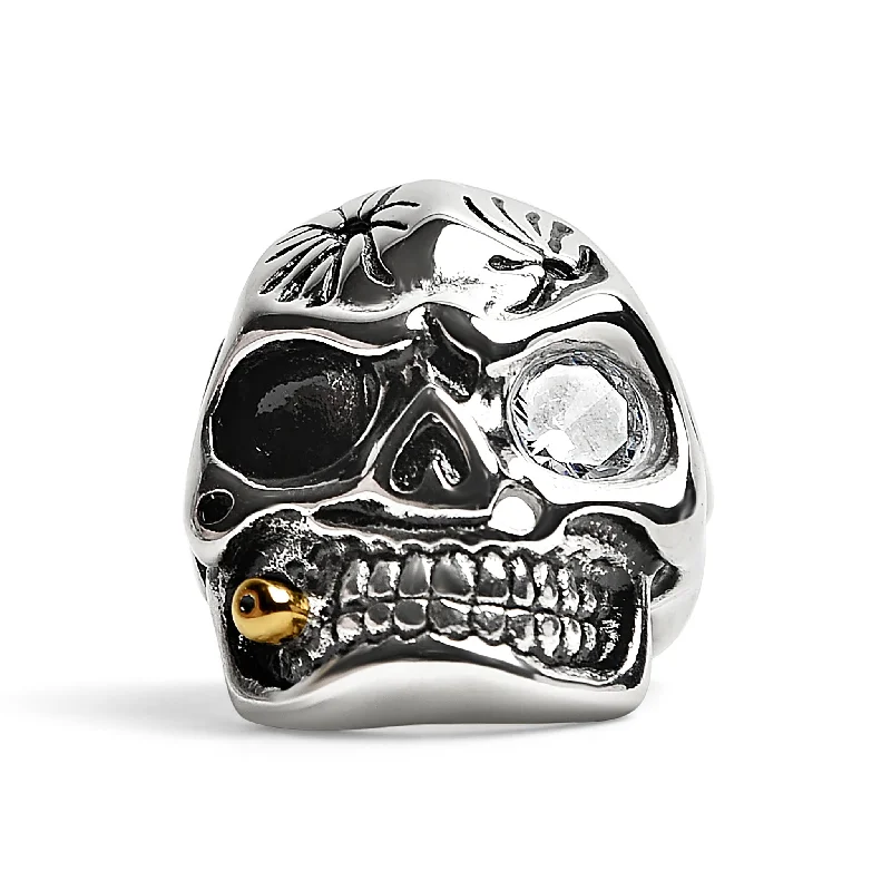 pear and marquise ladies ring-Stainless Steel Skull Smoking 18K Gold PVD Coated Cigar And Single CZ Eye Ring / SCR4047