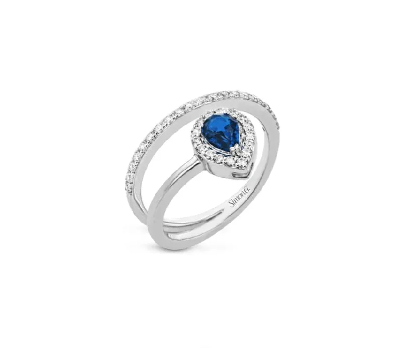 eco-friendly engagement ring for women-Pear Sapphire and Round Diamond Ring in 18K White Gold, Size 6.25