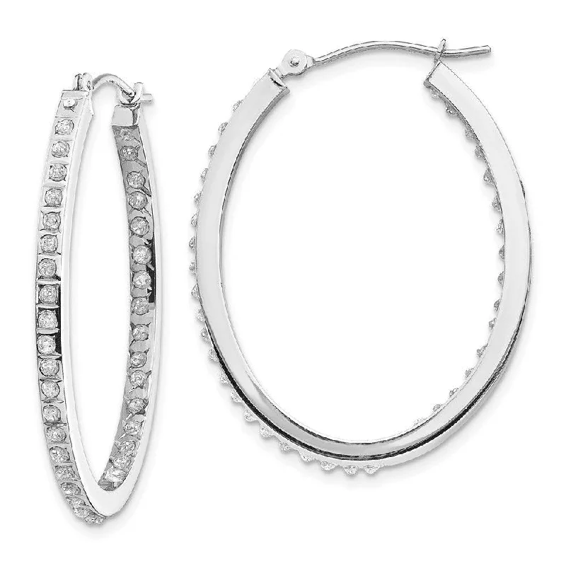 heart-shaped ladies earrings-14k White Gold Diamond Fascination Oval Hinged Hoop Earrings