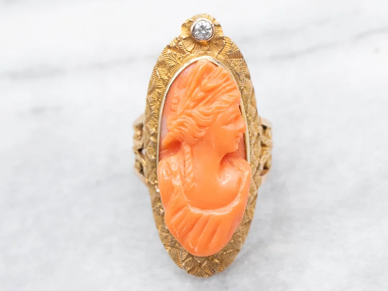 eternity band engagement ring for women-Victorian Revival Carved Coral Cameo and Diamond Ring