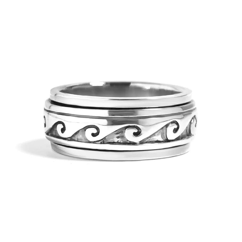 tapered baguette ladies ring-Sterling Silver Wave Spinner Ring / SSR0058