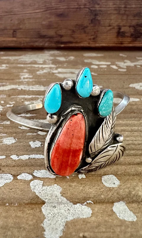 two-tone ladies bracelet-SUMMER BREEZE FB Hallmark Sterling Silver Spiny Oyster and Turquoise Cuff 26g