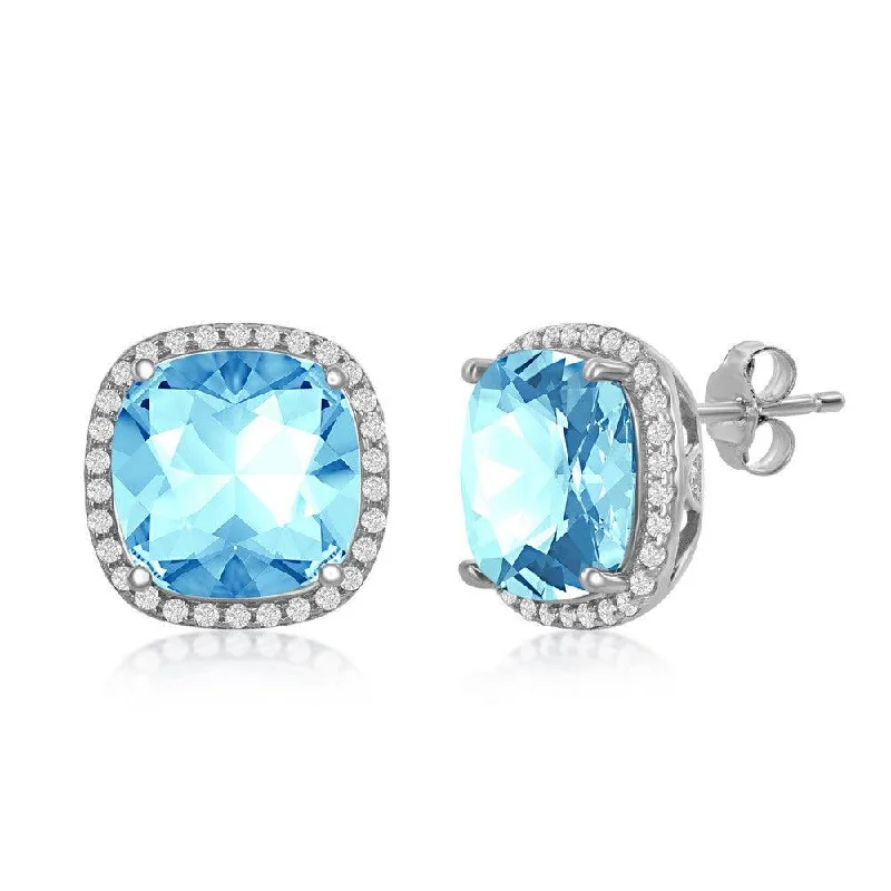 blue topaz ladies earrings-Sterling Silver CZ and 10mm Cushion Square Aqua Swarovski Element Earrings