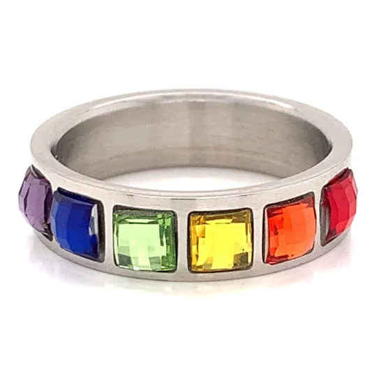 cluster setting ladies ring-Full Bezel Rainbow CZ Stainless Steel Ring / RRJ2672