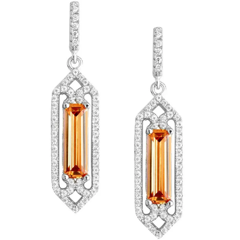 clip-on ladies earrings-Classic Women's Earrings - Center Rectangle Orange and White CZ Border | D-5459