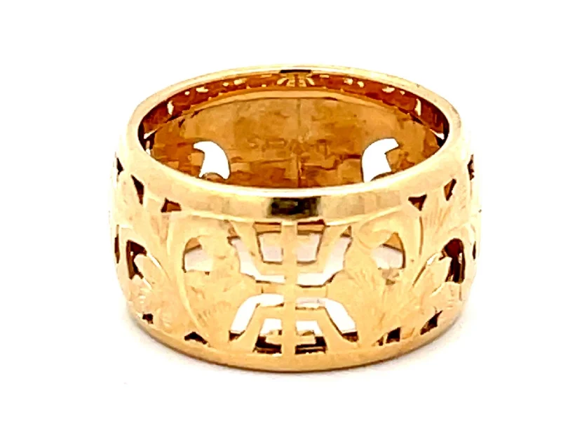 three-stone ladies ring-Mings Longevity Cutout Band Ring Solid Yellow Gold