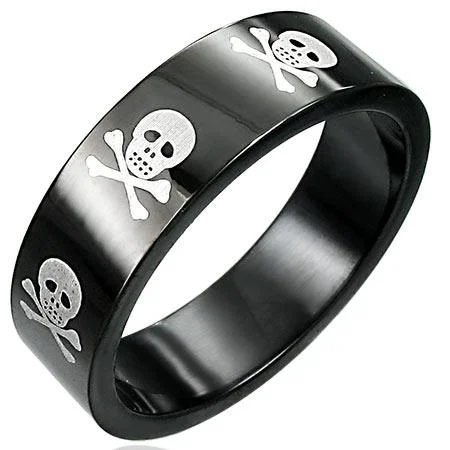 oval halo ladies ring-Black With White Skulls Stainless Steel Ring / FSC035