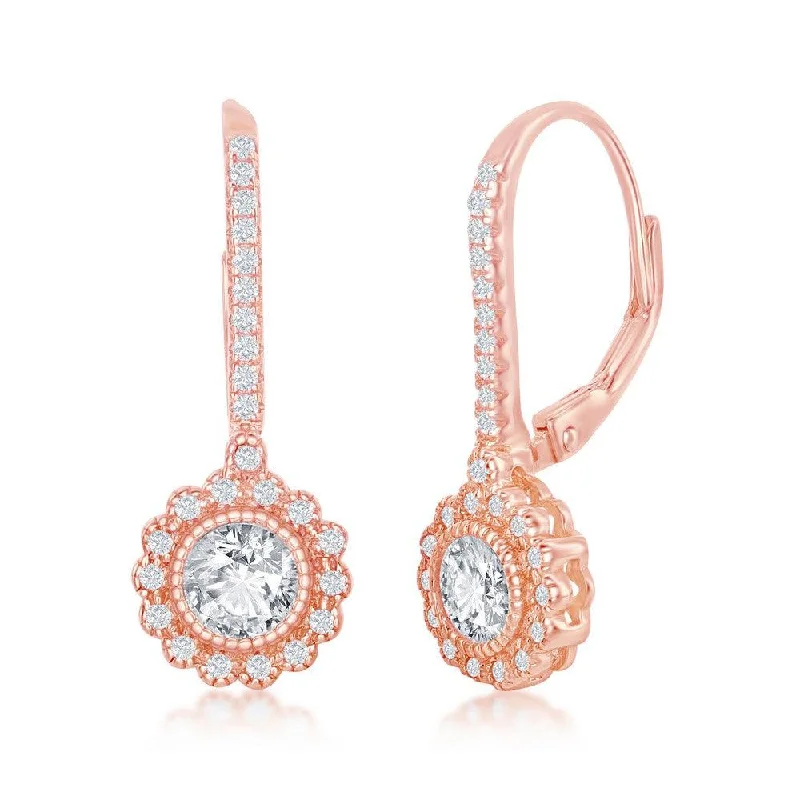 designer brand ladies earrings-Sterling Silver CZ Flower Design Dangling Earrings - Rose Gold Plated