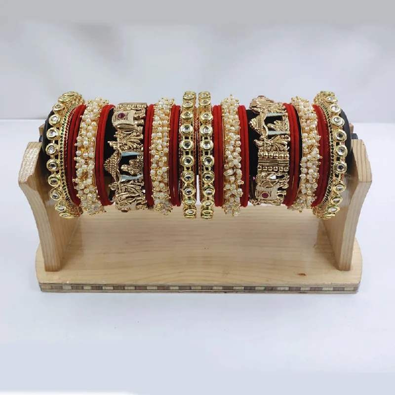 heirloom-style ladies bracelet-Akruti Collection Gold Plated Kundan Stone And Pearl Meenakari Bangles Set