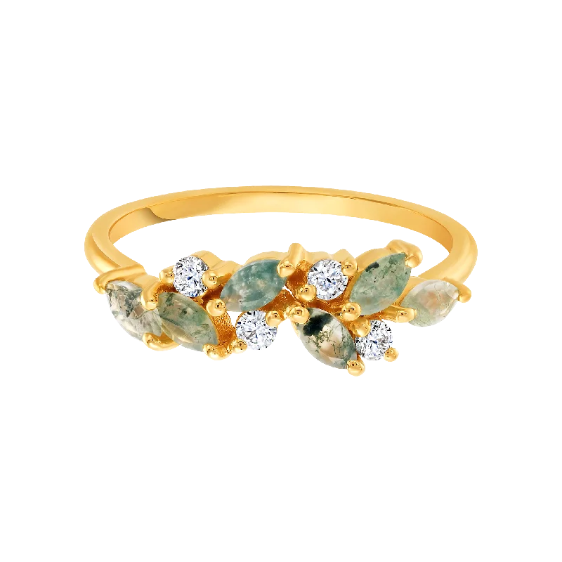 brushed metal ladies ring-Yellow Gold Moss Agate & Topaz Orchard Ring