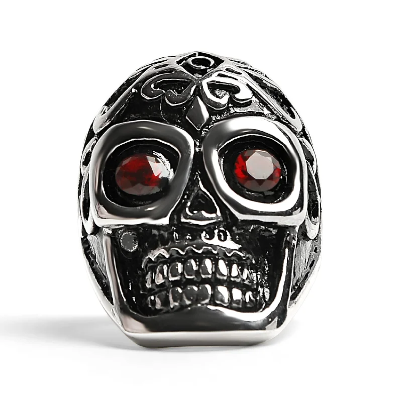 moissanite ladies ring-Detailed Skull With Red CZ Eyes Stainless Steel Polished Ring / SCR3039