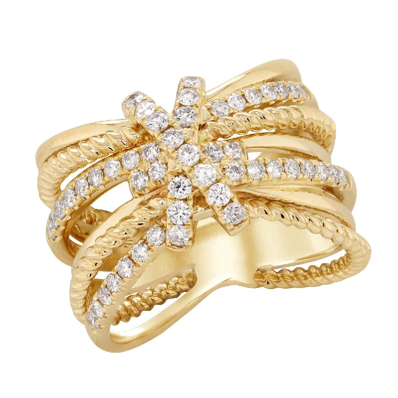 mother-of-pearl ladies ring-YELLOW GOLD SPLIT SHANK FASHION RING WITH 49 ROUND CUT DIAMONDS, .60 CT TW