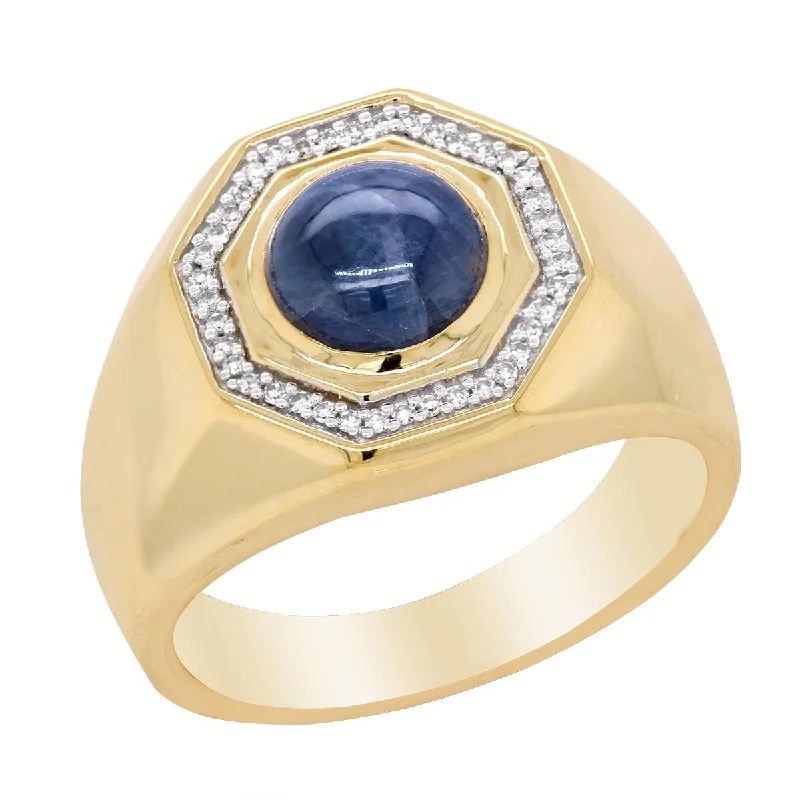 rustic hammered ladies ring-MEN'S YELLOW GOLD FASHION RING WITH CABOCHON CUT SAPPHIRE CENTER AND DIAMOND HALO, .12 CT TW