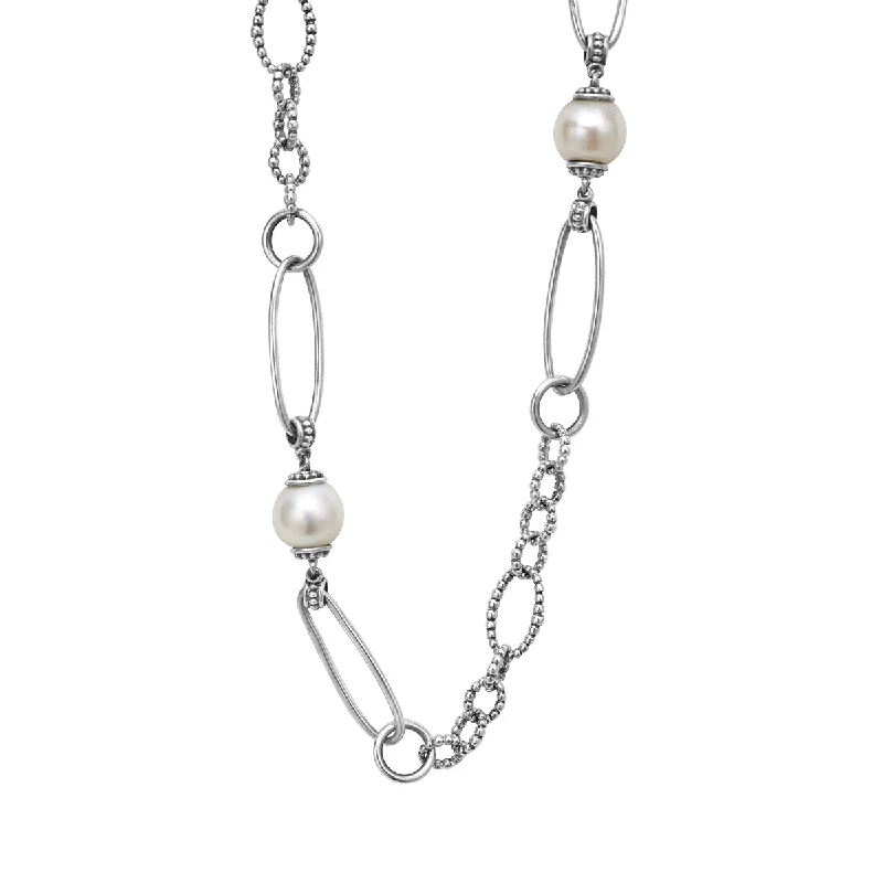 statement ladies necklace-Two-Tone Pearl Oval Link Necklace