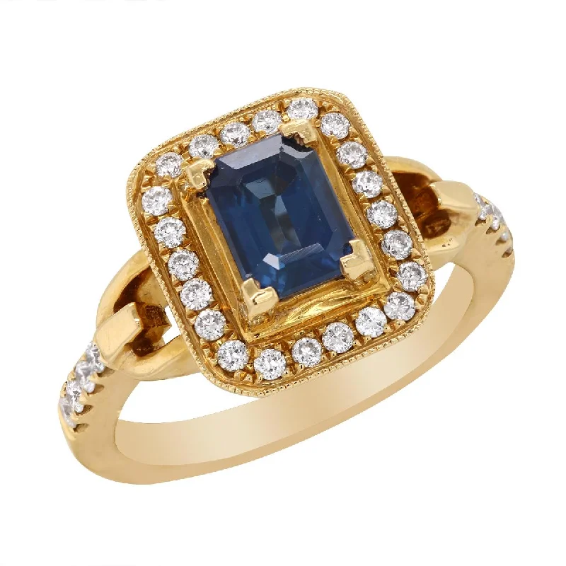 diamond ladies ring-YELLOW GOLD FASHION RING WITH EMERALD CUT BLUE SAPPHIRE AND DIAMOND HALO, .35 CT TW