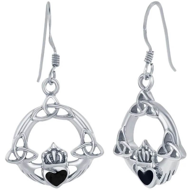 everyday wear ladies earrings-Classic Women's Earrings - Sterling Silver Black Onyx Heart Celtic Claddagh | D-8093