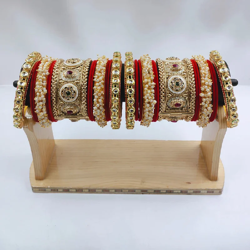 layered chain pearl ladies bracelet-Lucentarts Jewellery Gold Plated Kundan And Pearl  Bridal Bangles Set