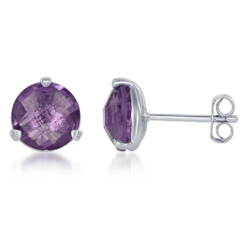 bold statement ladies earrings-Sterling Silver Purple Round Amethyst Stud Earrings