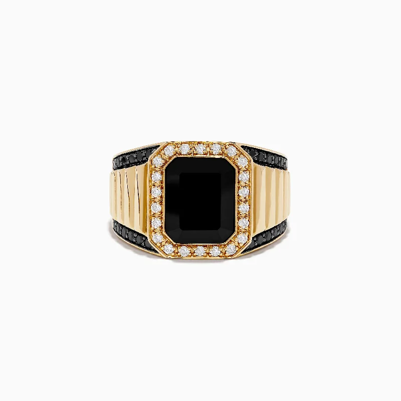 baroque-style engagement ring for women-Men's 14K Yellow Gold Onyx and Diamond Ring