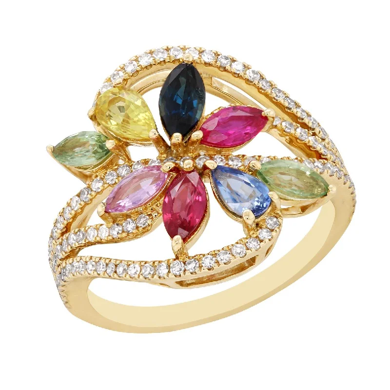 oval halo ladies ring-YELLOW GOLD FLORAL STYLE FASHION RING WITH MULTICOLORED GEMSTONES AND DIAMONDS, .41 CT TW