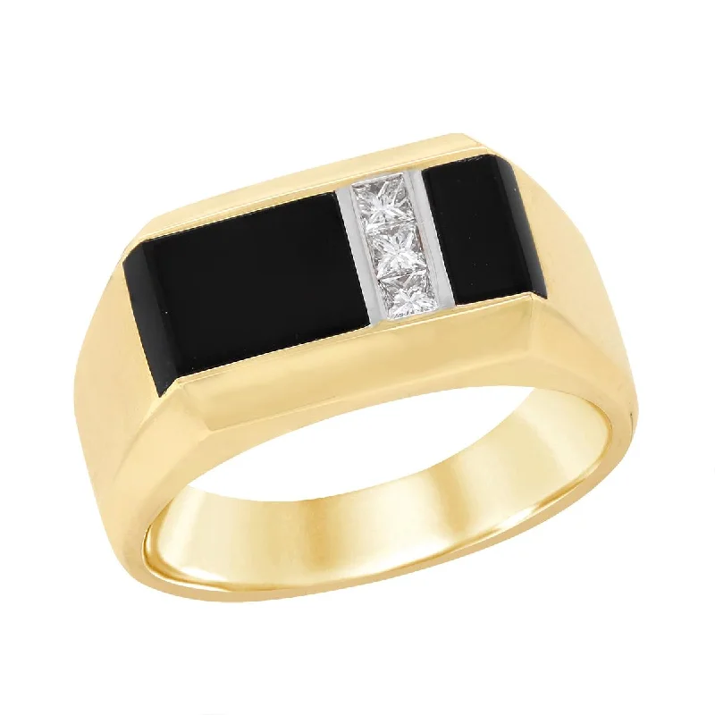 blue sapphire ladies ring-MEN'S TWO-TONE GOLD RING WITH BLACK AGATE AND 3 PRINCESS CUT DIAMONDS, .22 CT TW