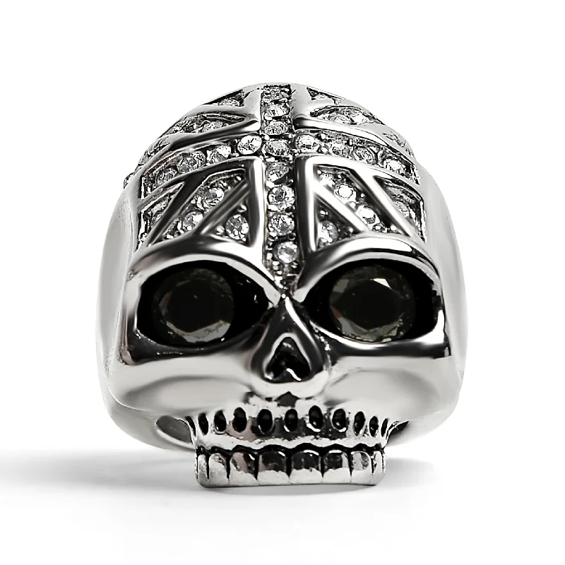 old European cut ladies ring-Stainless Steel Black CZ Eyed Skull With Clear CZ UK Flag Ring / SCR4022