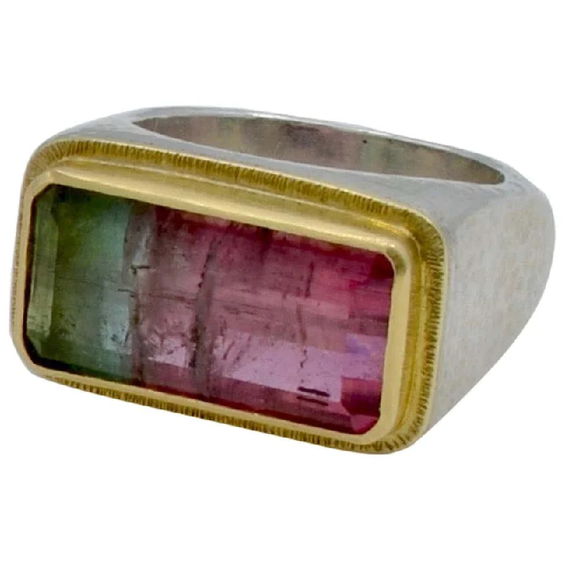 baguette-cut ladies ring-Rainbow Tourmaline in a Modern set in Gold and Silver