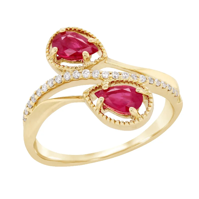 ruby gemstone ladies ring-YELLOW GOLD FASHION RING WITH 2 PEAR RUBIES AND 23 ROUND DIAMONDS, .12 CT TW