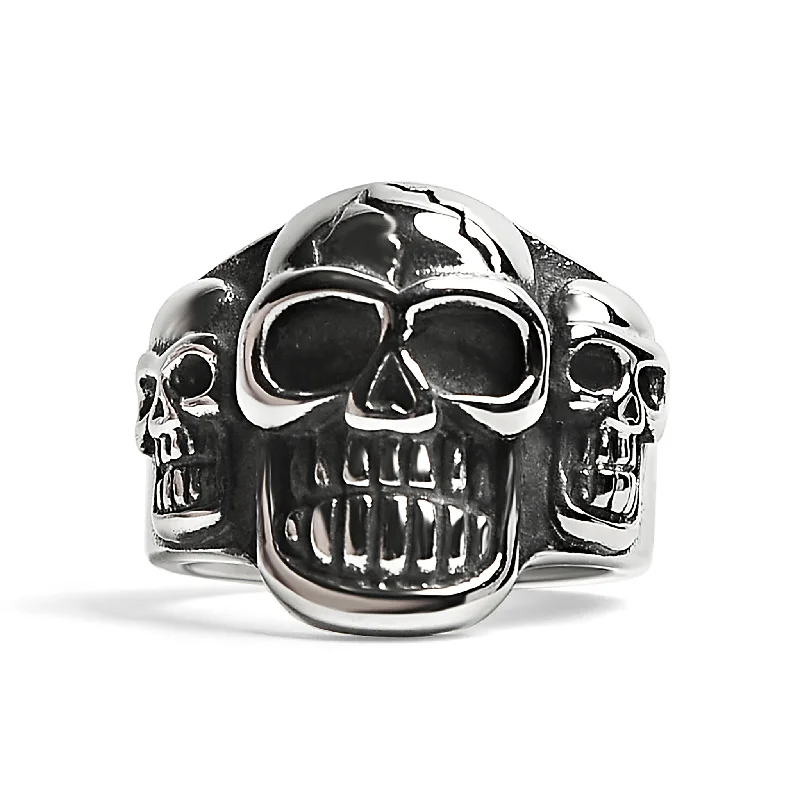 luxury bridal ladies ring-Stainless Steel Polished Cracked Triple Skulls Ring / SCR3038