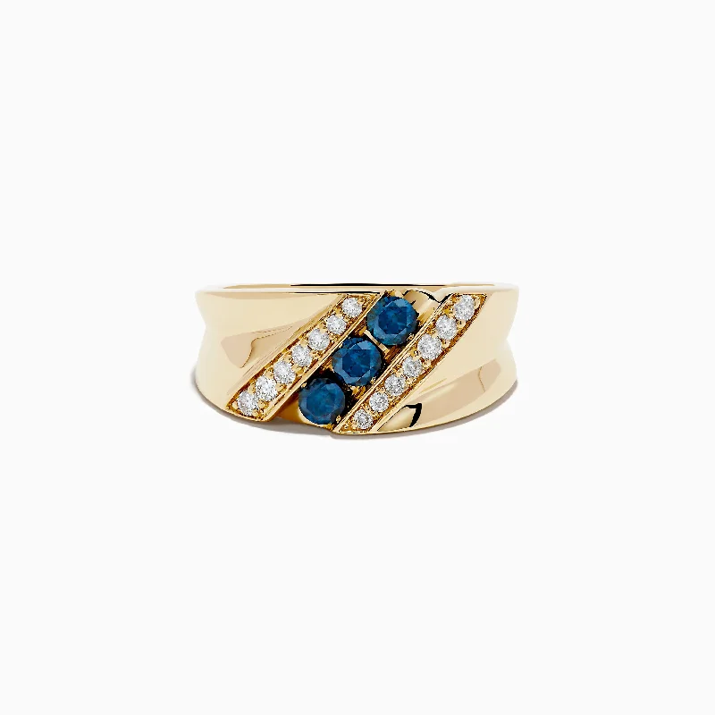 round-cut engagement ring for women-Men's 14K Yellow Gold Blue and White Diamond Ring