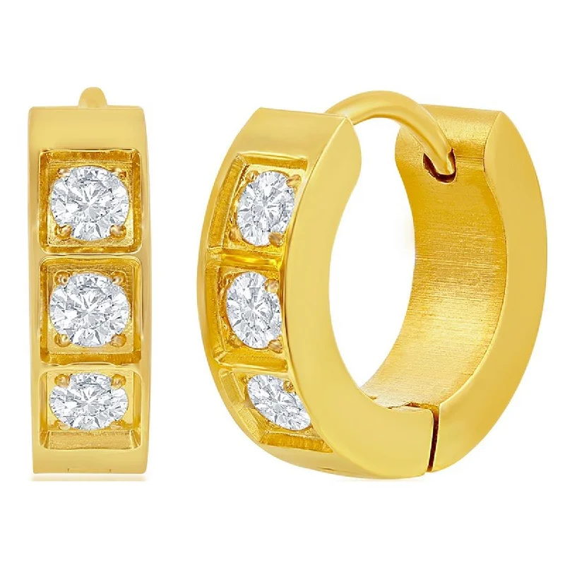 round-cut ladies earrings-Blackjack Women's Earrings - Gold Plated Stainless Steel 13mm Huggie Hoop CZ | SA-6075