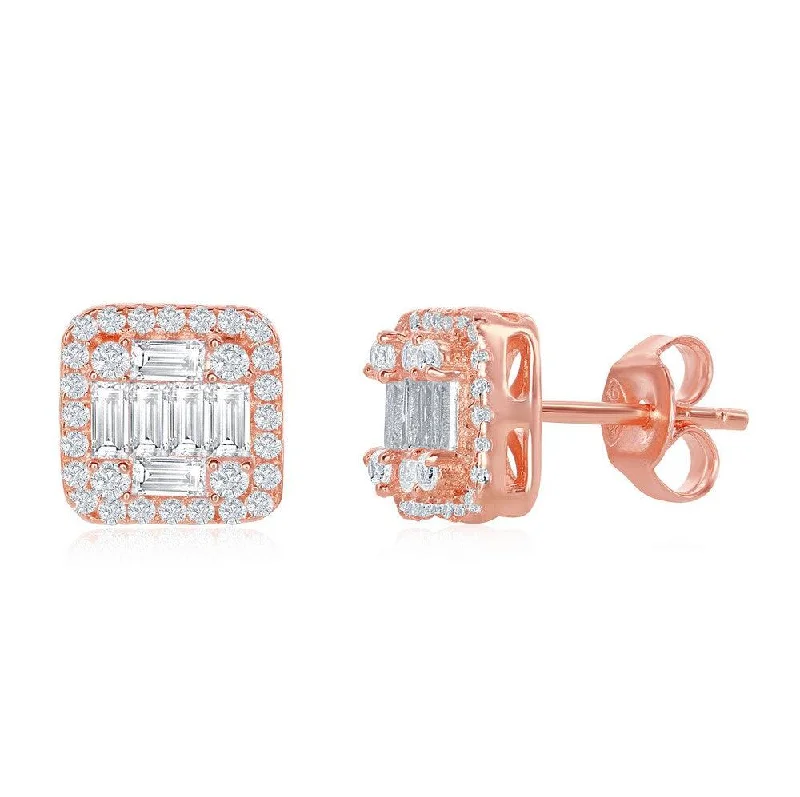 gemstone drop ladies earrings-Sterling Silver Rose GP Square Baguette CZ Stud Earrings