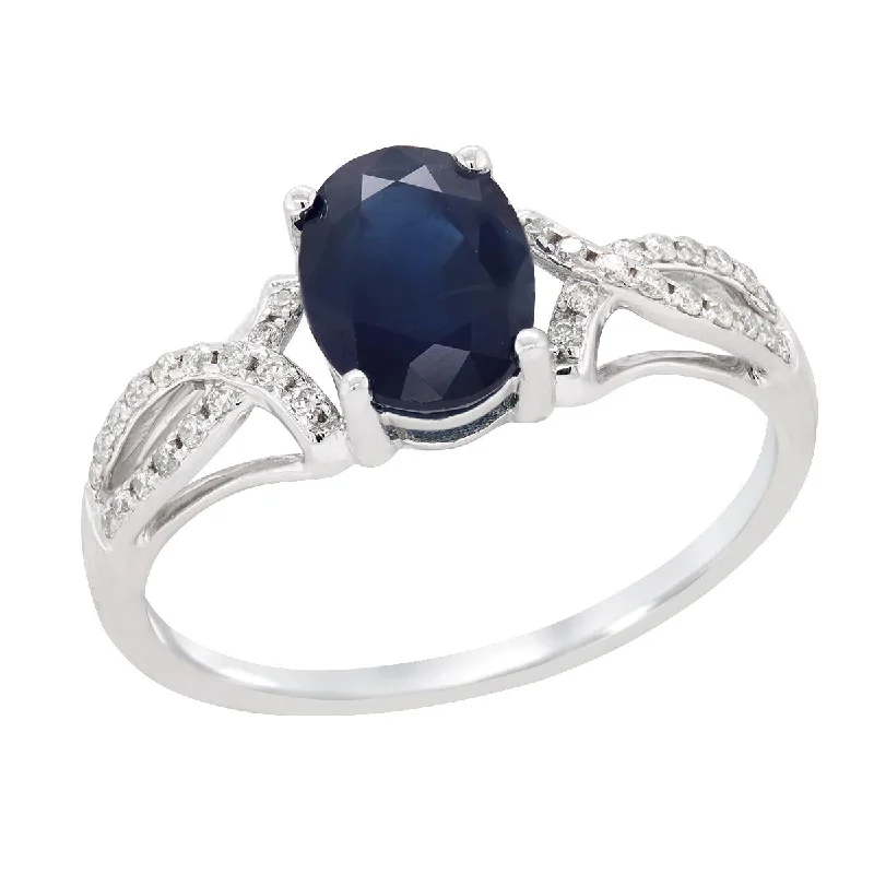 gemstone-accented ladies ring-WHITE GOLD OVAL CUT SAPPHIRE RING WITH SPLIT SHANK AND DIAMONDS, .14 CT TW