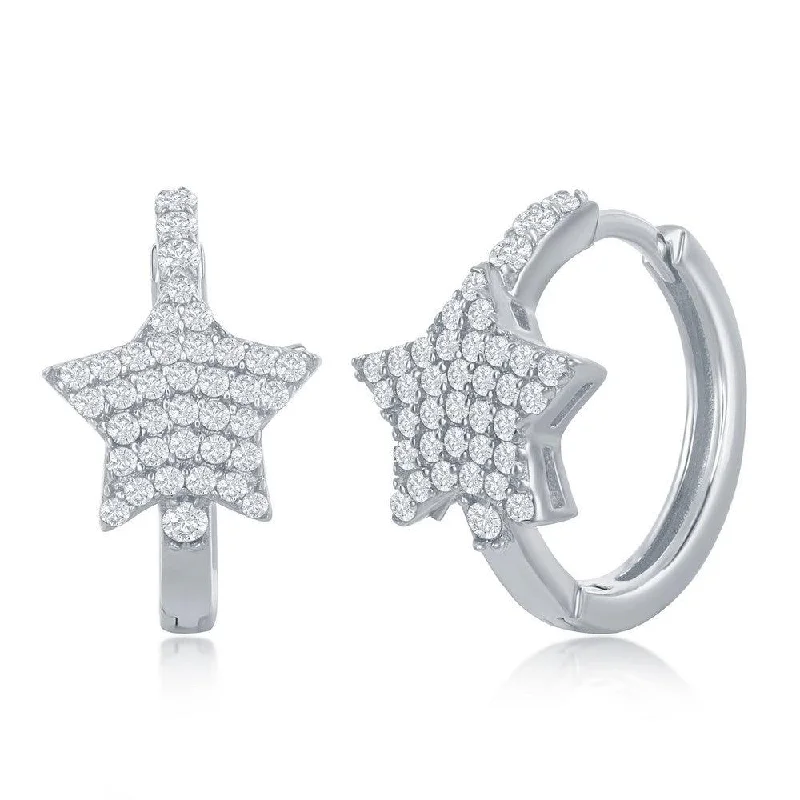 small diamond stud ladies earrings-Sterling Silver Mircro Pave CZ Star Huggie Hoop Earrings