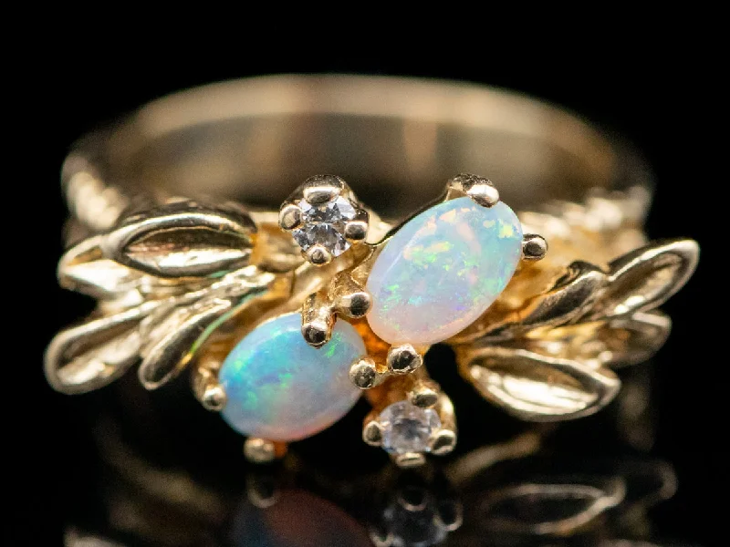 moissanite engagement ring for women-Vintage Botanical Gold Opal and Diamond Ring