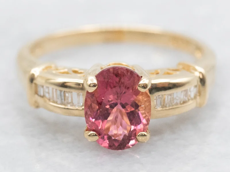 antique Victorian engagement ring for women-Modern Gold Pink Tourmaline and Diamond Ring