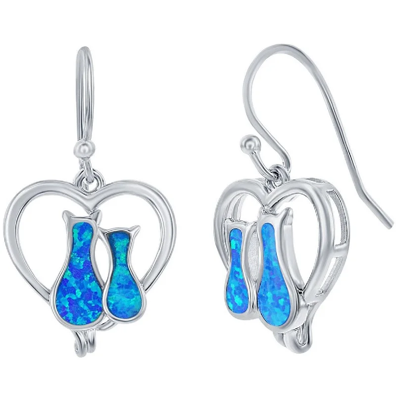 big hoop ladies earrings-Opalata Women's Earrings - Sterling Silver Blue Opal Cats in a Heart Shape | D-7937