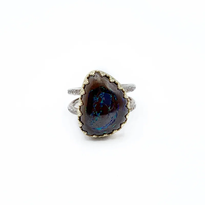 white gold ladies ring-Boulder Opal in Gold Crown Hammered Ring