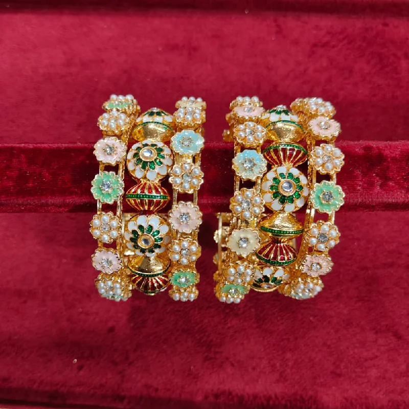 birth month flower ladies bracelet-Kavita Art Gold Plated Kundan Stone And Meenakari Bangles Set