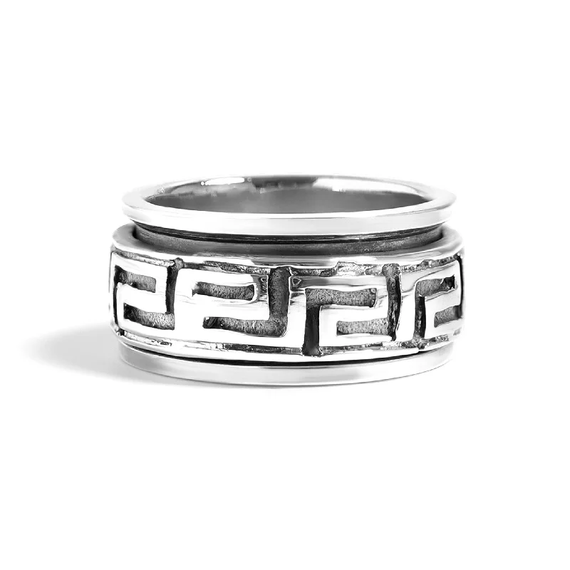 fancy-cut gemstone ladies ring-Sterling Silver Greek Key Spinner Ring / SSR0050