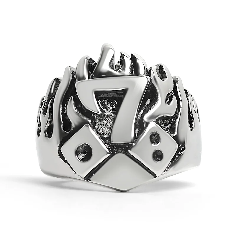 wedding set ladies ring-Large Detailed Lucky Seven Dice Stainless Steel Ring / SCR4010