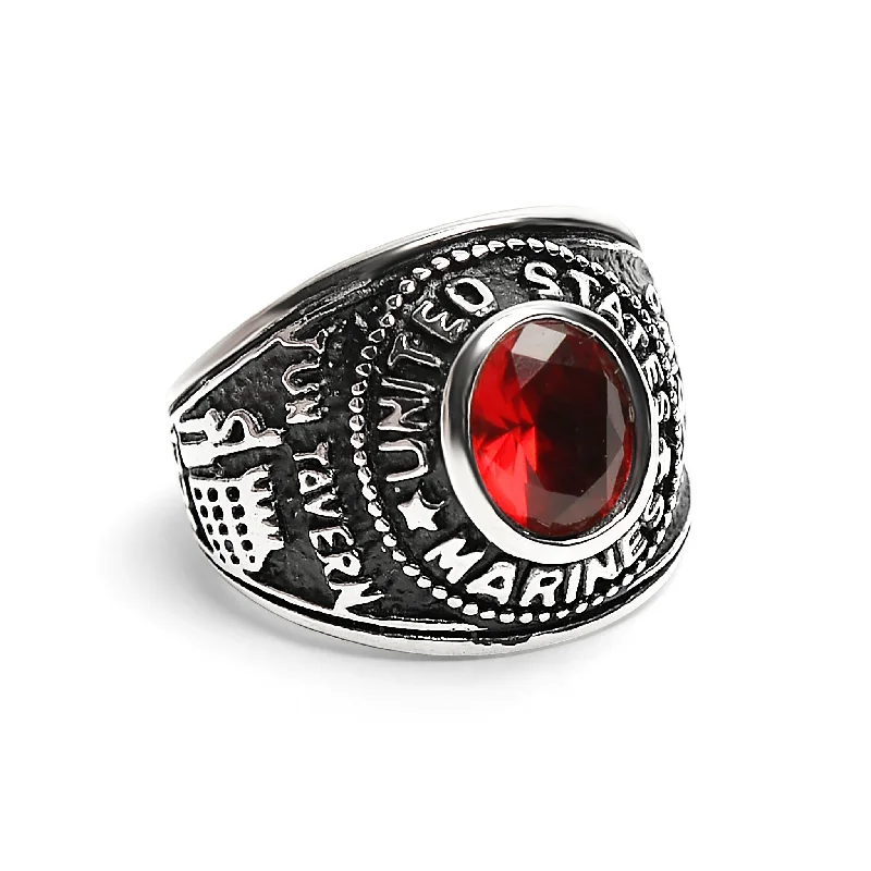 artistic handmade ladies ring-United States Marine Corp Military Stainless Steel Women's Ring with Red Stone / MCR4070