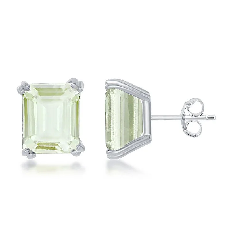 sapphire gemstone ladies earrings-Sterling Silver Rectangle Green Amethyst Prong Set Stud Earrings